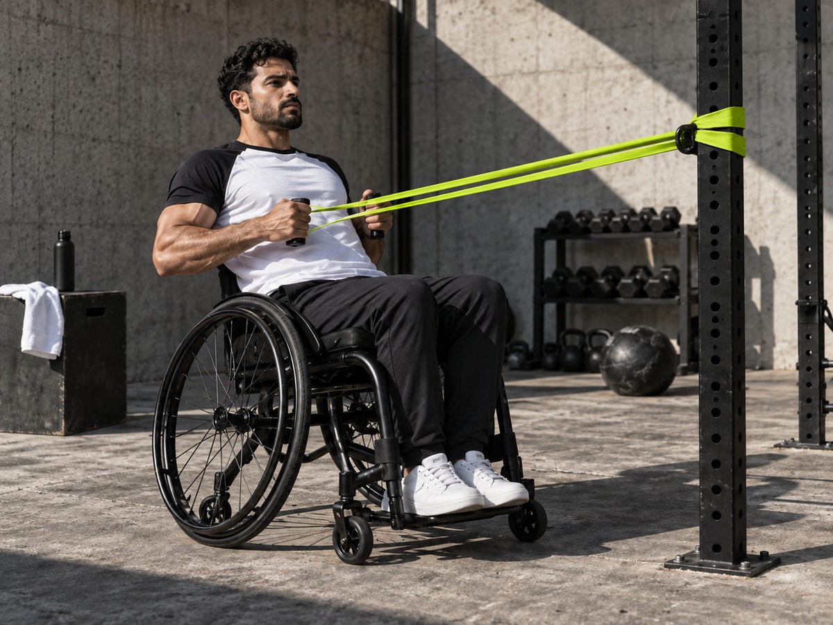Athlète en fauteuil en tirage à l'élastique fixé au rack