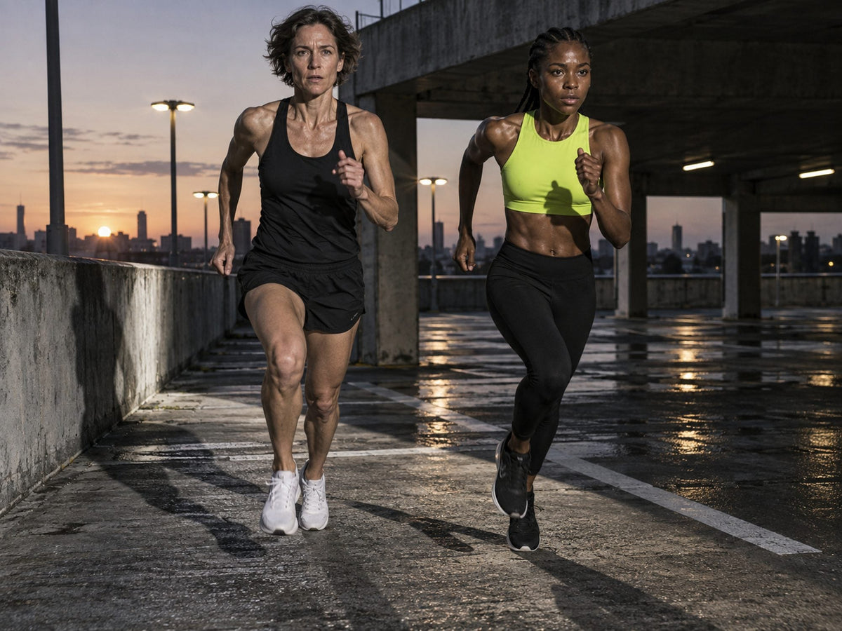 Deux coureuses en sprint sur un parking au lever du jour