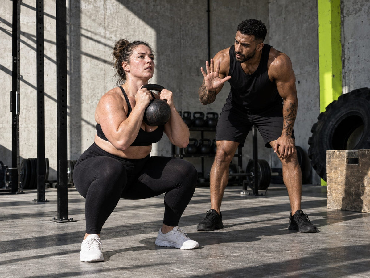 Coach qui compte les répétitions d'un goblet squat