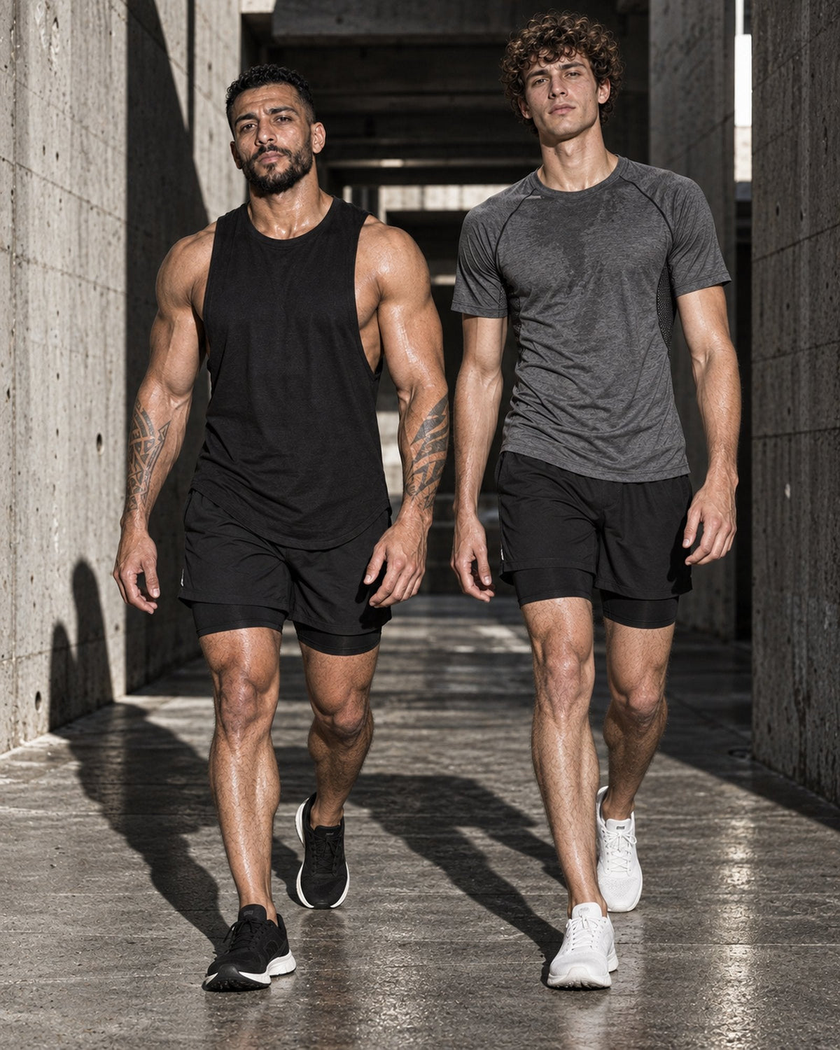 Deux athlètes en short 2-en-1 et t-shirt technique marchent dans un couloir en béton