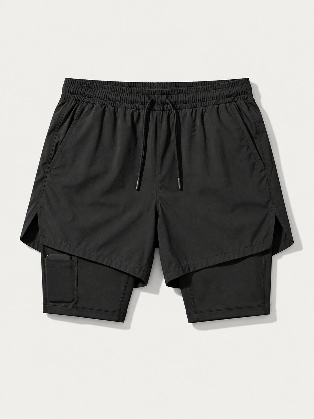 Short Pro 2-en-1 noir à plat, cuissard et poche téléphone