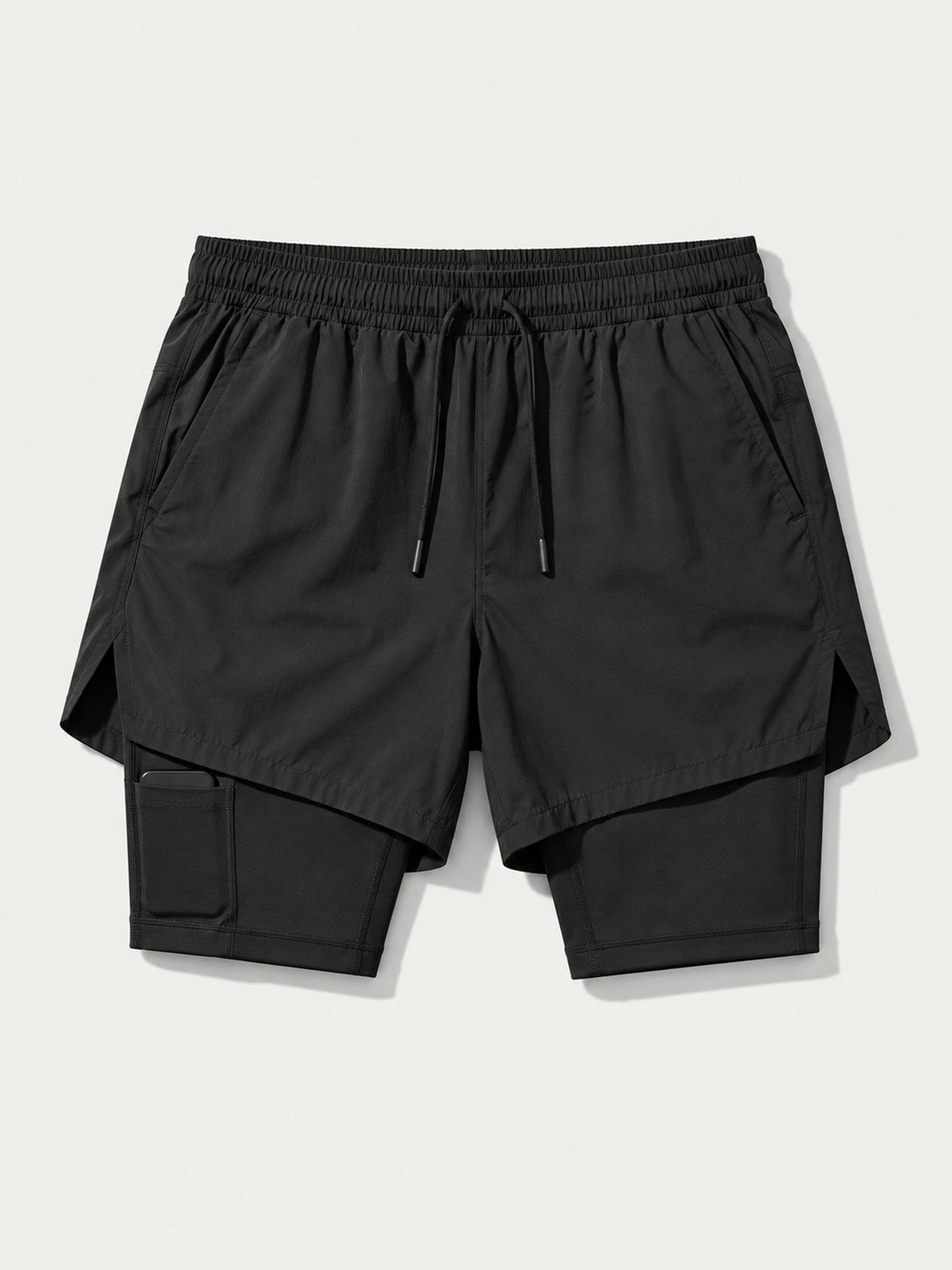 Short Pro 2-en-1 noir à plat, cuissard et poche téléphone