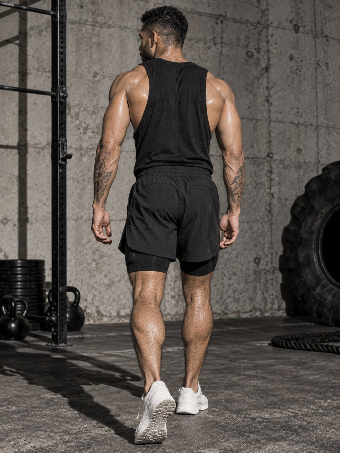 Short Pro 2-en-1 noir porté, de dos