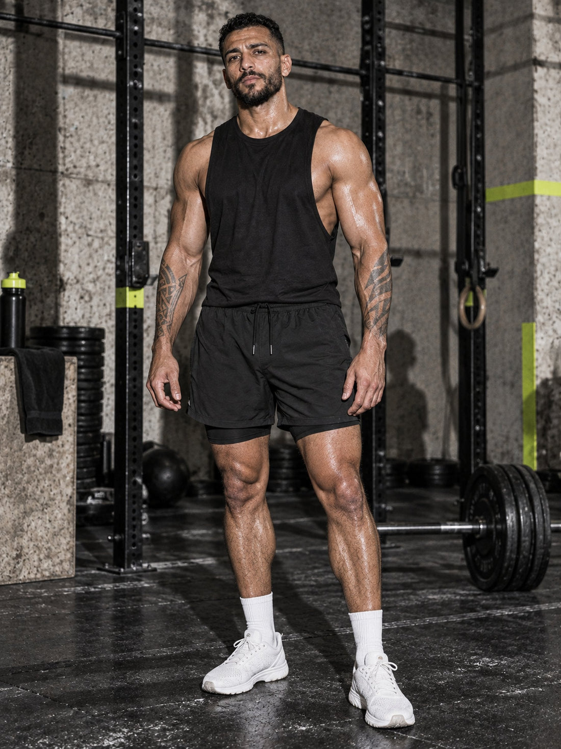 Short Pro 2-en-1 noir porté, de face