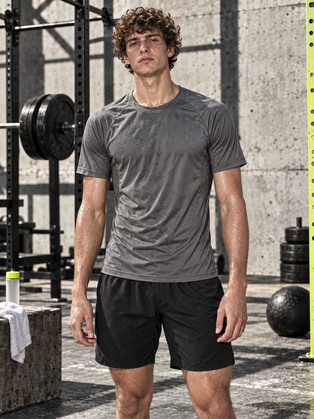 T-shirt Dry Tech gris porté, de face