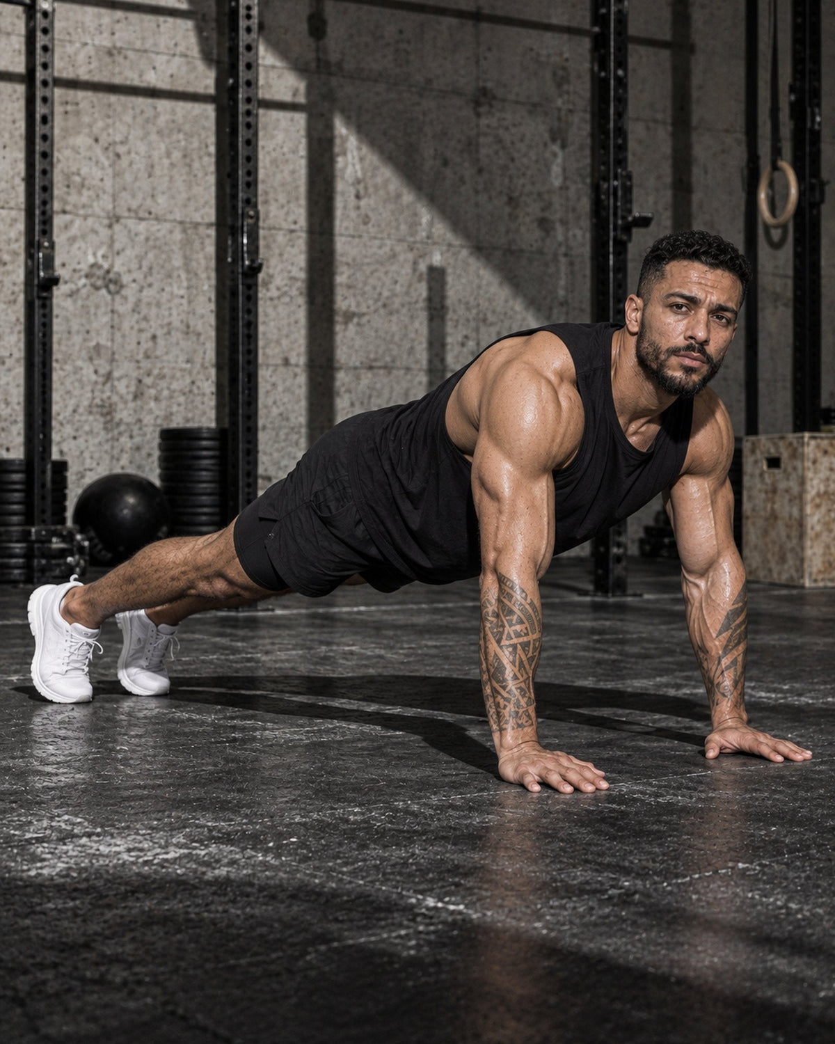 Coach en planche pendant un burpee, salle de CrossFit